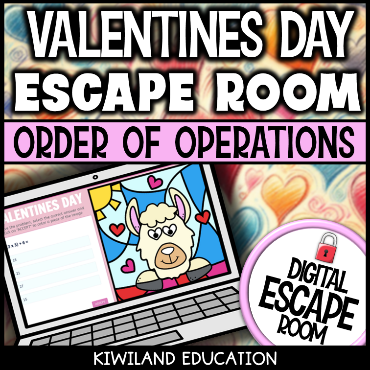Valentine's Day order of operations digital escape room cover, math grades 4–8