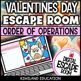 Valentine's Day order of operations digital escape room cover, math grades 4–8