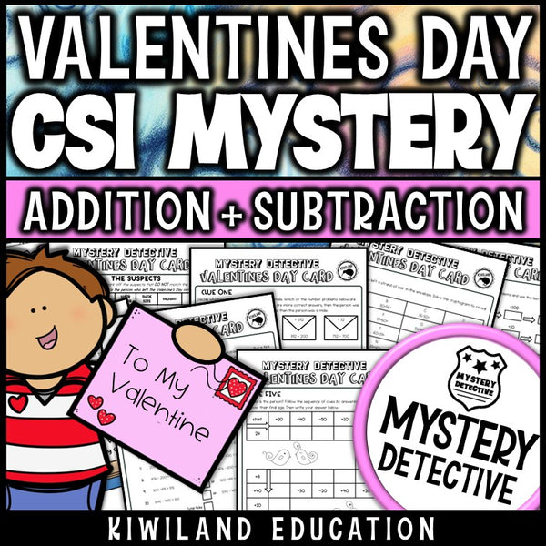 Valentines day surprise card mystery detective add subtract grades 2-4