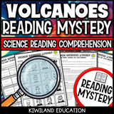 Volcanoes reading mystery comprehension questions worksheet with suspect line-up