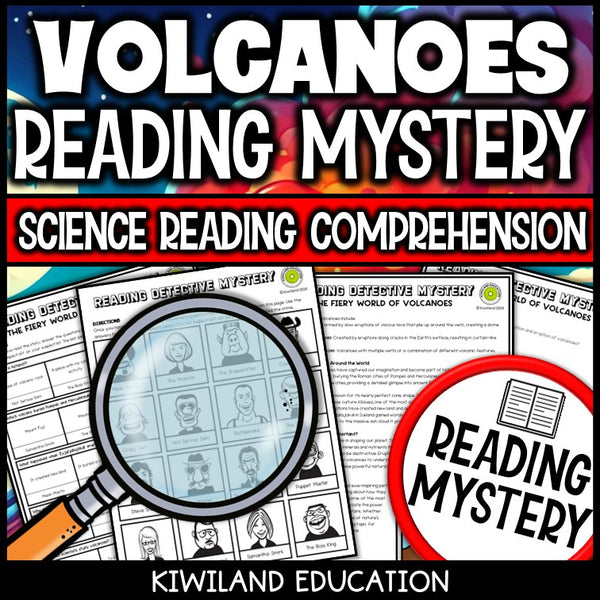 Volcanoes reading mystery comprehension questions worksheet with suspect line-up