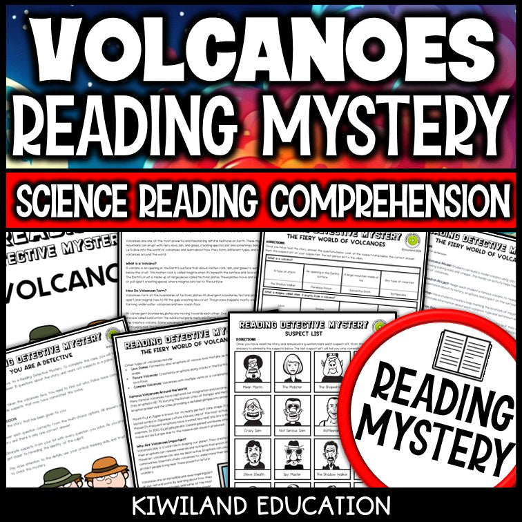 Volcanoes reading mystery comprehension activity cover for grades 3-6