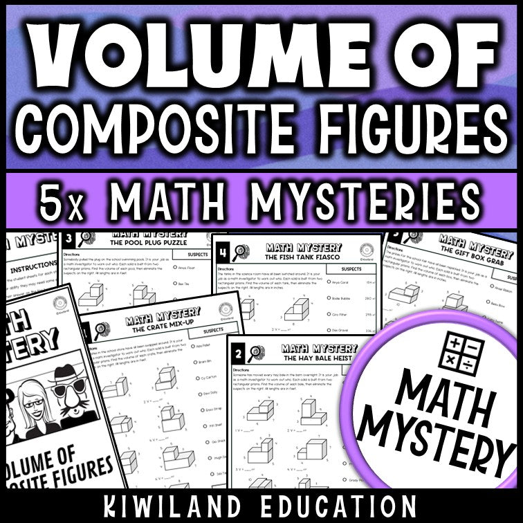 Volume of composite figures worksheets for 5th 6th 7th grade, printable math mystery detective pack