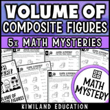 Volume of composite figures worksheets for 5th 6th 7th grade, printable math mystery detective pack