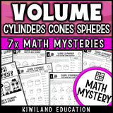 Volume of cylinders cones and spheres math mystery worksheets for grades 7 to 9, printable pack