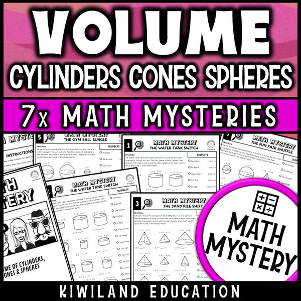 Volume of cylinders cones and spheres math mystery worksheets for grades 7 to 9, printable pack