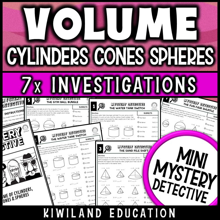 Volume of cylinders, cones and spheres Mystery Detective worksheets, grades 7-9