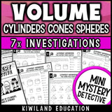 Volume of cylinders, cones and spheres Mystery Detective worksheets, grades 7-9
