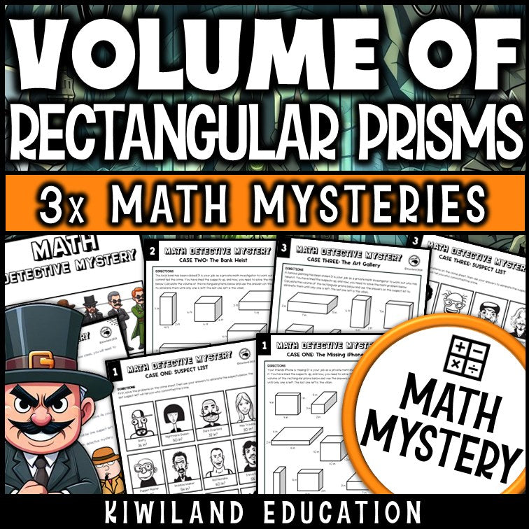 Volume of Rectangular Prisms Math Mystery worksheets cover - 3 printable detective cases