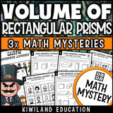 Volume of Rectangular Prisms Math Mystery worksheets cover - 3 printable detective cases