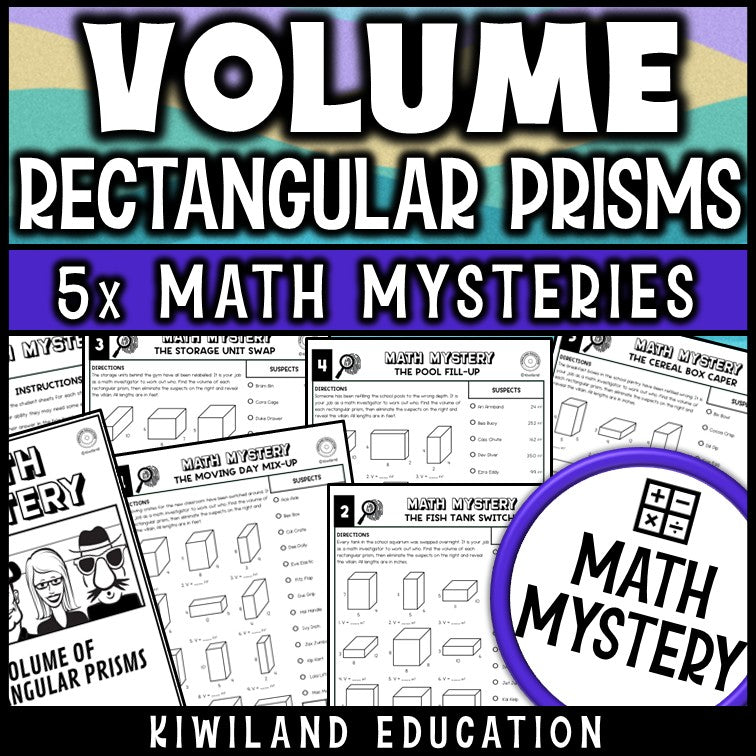 Volume of rectangular prisms worksheets for 5th and 6th grade, printable math mystery pack
