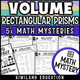 Volume of rectangular prisms worksheets for 5th and 6th grade, printable math mystery pack