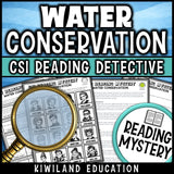 Water conservation reading mystery comprehension questions worksheet with suspect line-up