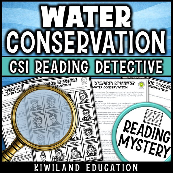 Water conservation reading mystery comprehension questions worksheet with suspect line-up