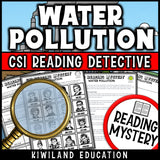 Water pollution reading mystery multiple-choice comprehension questions with 16-suspect elimination lineup