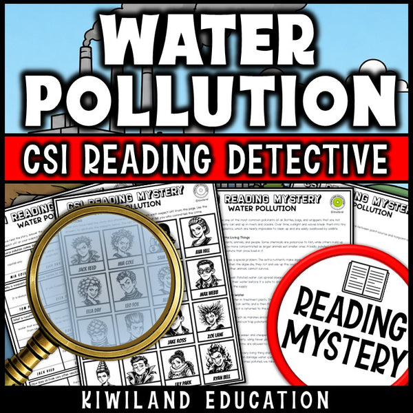 Water pollution reading mystery multiple-choice comprehension questions with 16-suspect elimination lineup