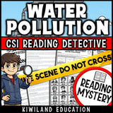 Water pollution and water quality CSI reading mystery comprehension activity cover for grades 3-6
