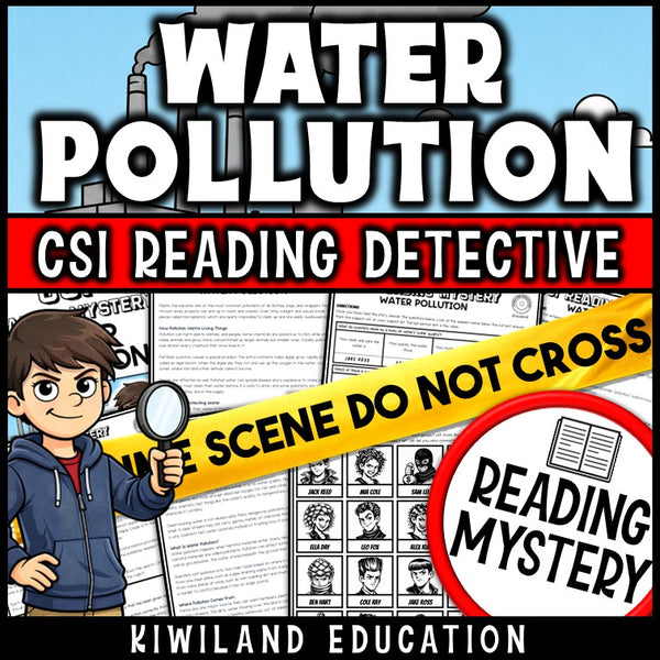 Water pollution and water quality CSI reading mystery comprehension activity cover for grades 3-6