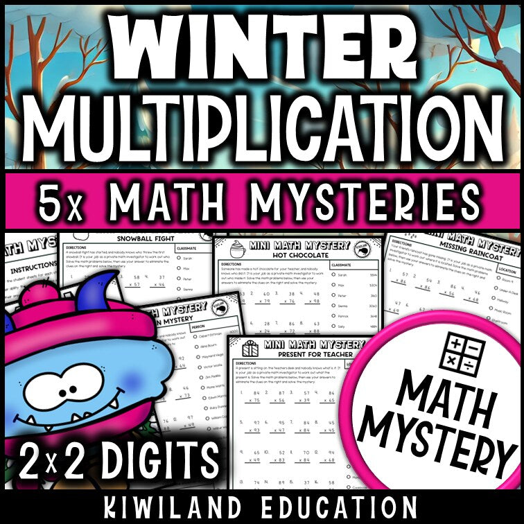 Winter 2-digit by 2-digit multiplication math mystery worksheets cover