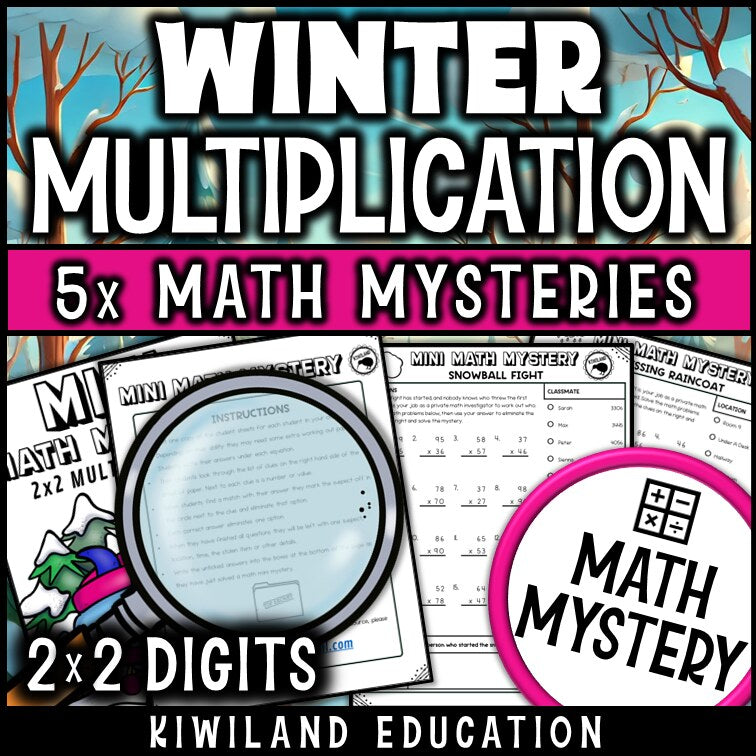 Winter 2-digit by 2-digit multiplication math mystery worksheet sample page