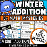 Winter 4-digit addition with regrouping math mystery worksheets cover