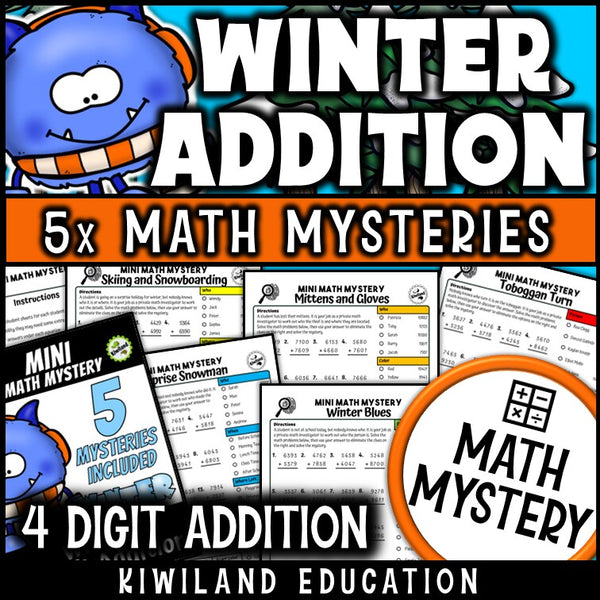 Winter 4-digit addition with regrouping math mystery worksheets cover
