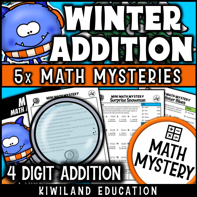 Winter 4-digit addition math mystery worksheet sample page