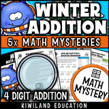 Winter 4-digit addition math mystery worksheet sample page