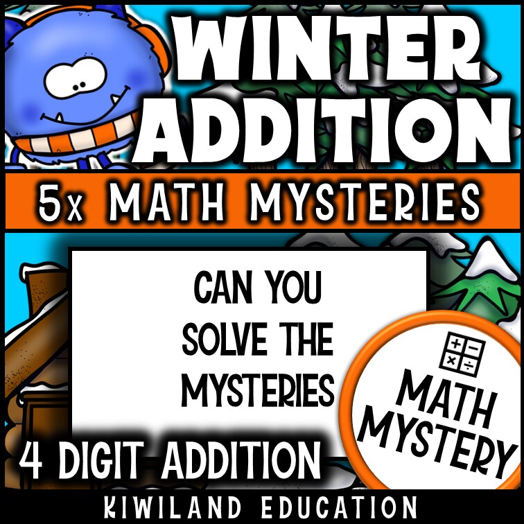 Winter 4-digit addition math mystery activity preview