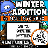 Winter 4-digit addition math mystery activity preview