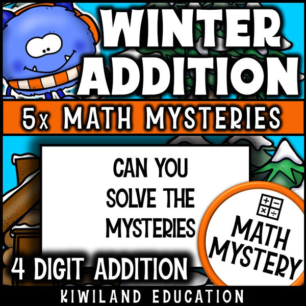 Winter 4-digit addition math mystery activity preview