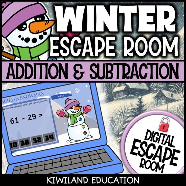 Addition and Subtraction Within 100 Winter digital escape room for Grades 1-3