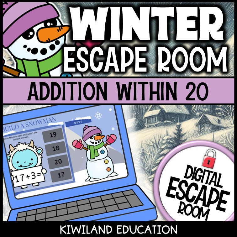 Addition Within 20 Winter digital escape room for Grades K-2