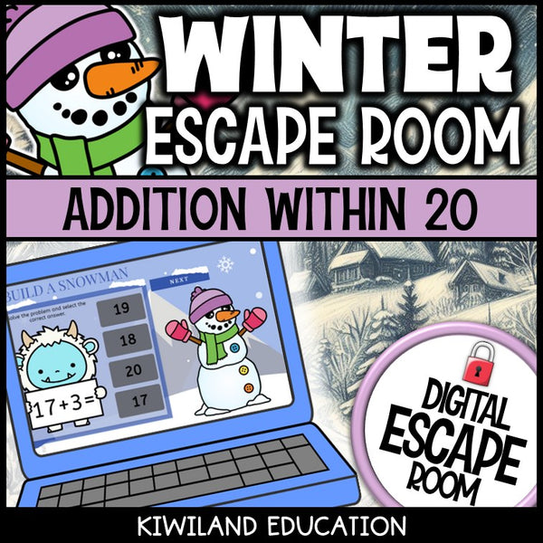 Addition Within 20 Winter digital escape room for Grades K-2