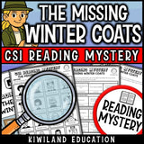 Winter reading mystery comprehension questions worksheet with suspect line-up