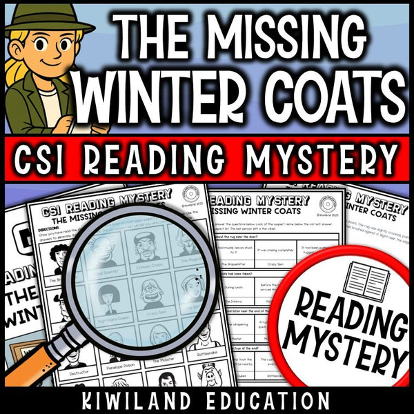 Winter reading mystery comprehension questions worksheet with suspect line-up