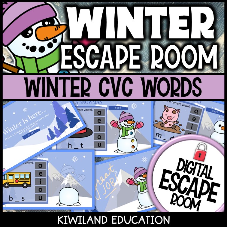 Winter CVC words escape room puzzle screen