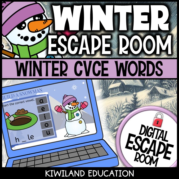 CVCe Words Winter digital escape room for Grades 1-2