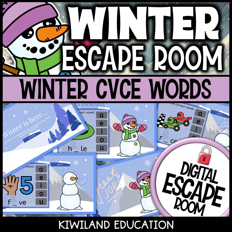 Winter CVCe words escape room puzzle screen