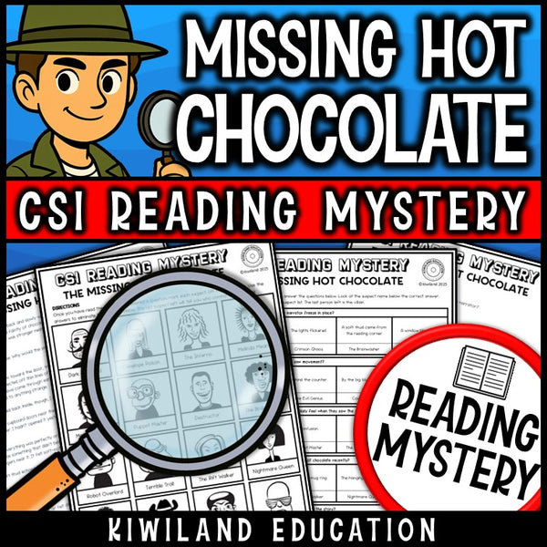 Winter reading mystery comprehension questions worksheet with suspect line-up