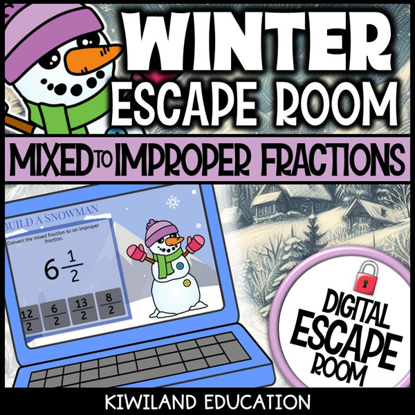 Mixed to Improper Fractions Winter digital escape room for Grades 4-6