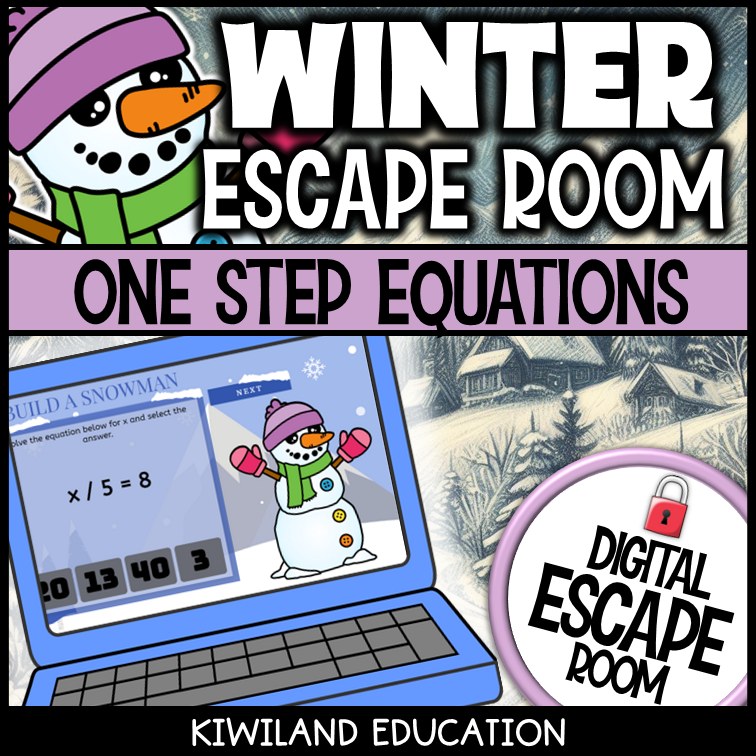 One-Step Equations Winter digital escape room for Grades 5-8