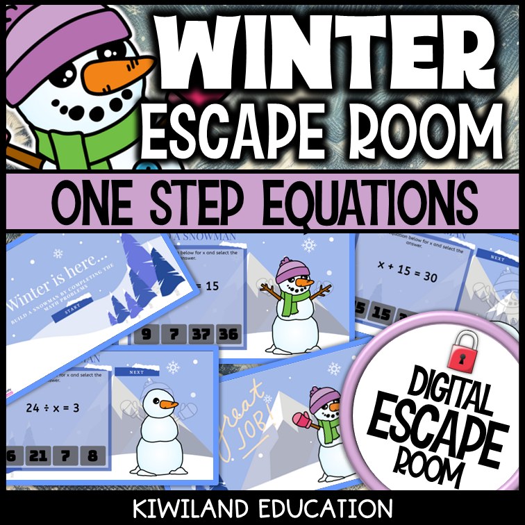 Winter one-step equations escape room puzzle screen