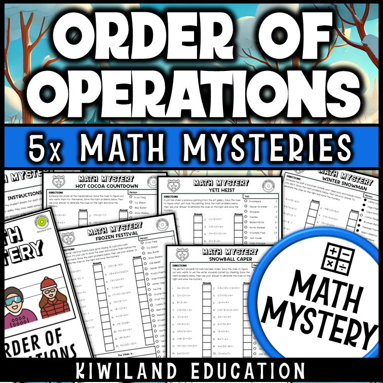 Winter order of operations PEMDAS math mystery worksheets cover