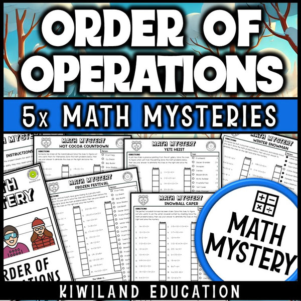 Winter order of operations PEMDAS math mystery worksheets cover
