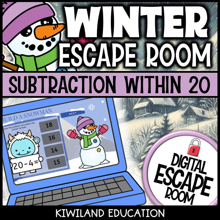 Subtraction Within 20 Winter digital escape room for Grades K-2