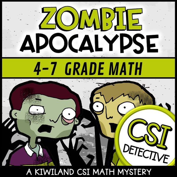 Zombie Apocalypse multiplying decimals CSI Math Mystery cover for grades 4 to 7