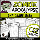 Zombie math mystery clue pages with multiplying and adding decimals