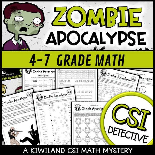 Zombie math mystery clue pages with multiplying and adding decimals